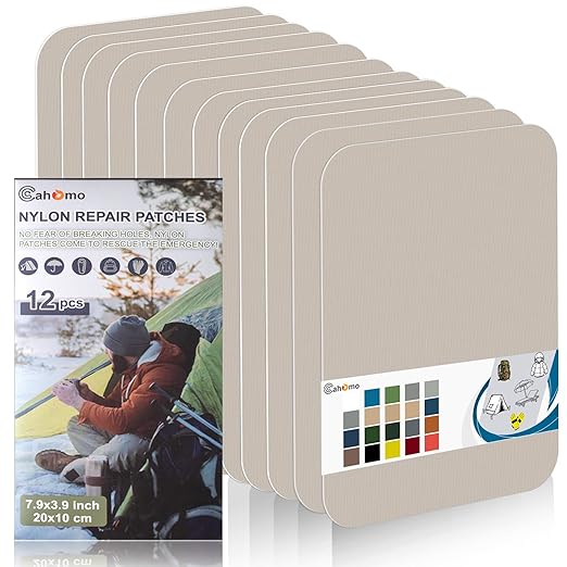 Cahomo 7.9x3.9 inch 12 PCS Nylon Repair Patch Nylon Repair Tape Self Adhesive Fabric Tapes Outdoor Camping Gear Fabric kit for Tent, Umbrella, Down Jackets, Sleeping Bag, Knapsack（Beige White）