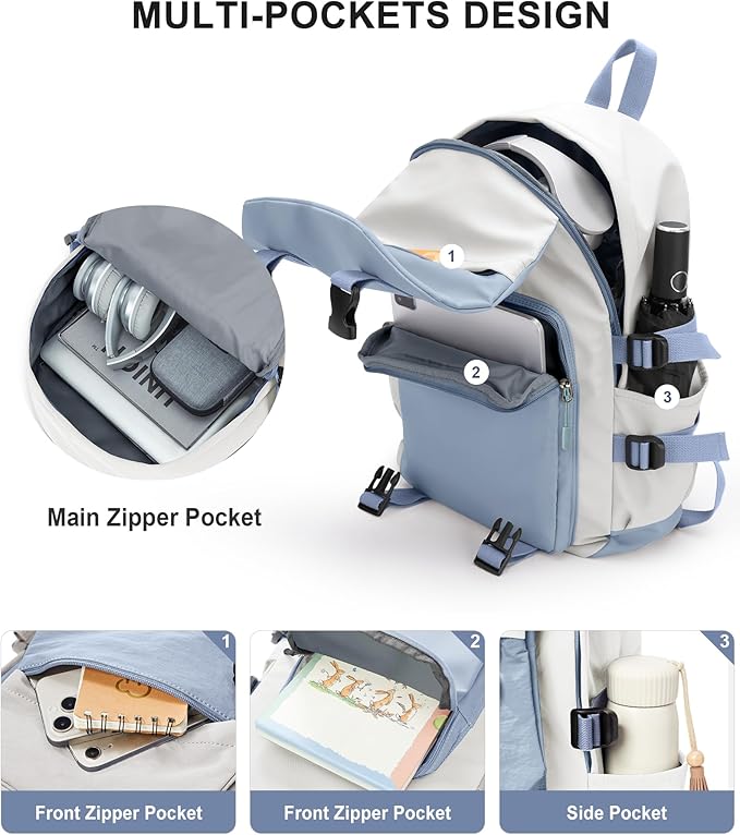 coowoz School Bag Lightweight Casual Daypack College Laptop Backpack for Men Women Water Resistant Travel Rucksack for Sports High School Middle Bookbag for girls(Blue white)