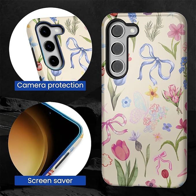 for Samsung Galaxy S23 Case,HL2 Aesthetic Flower Preppy Collage Hybrid 2 Layer Hard Shell Silicone Protective Pattern Design Case