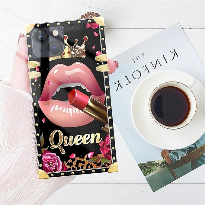 Compatible with iPhone 14 Case, Glitter Red Rose Queen Leopard Lipstick Luxury Golden Decoration for Girl Women Soft TPU Shockproof Protective Hard PC Back for iPhone 14