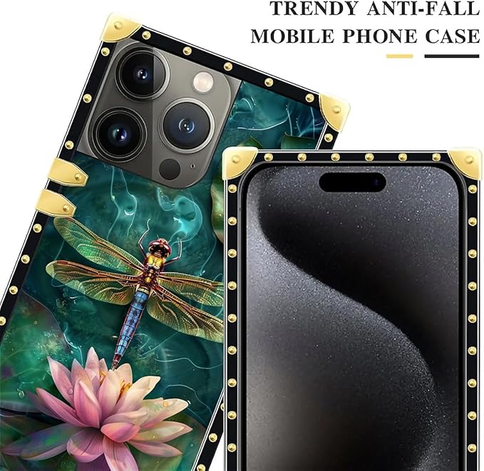 Compatible with iPhone 16 Pro Max Case, Colourful Dragonfly Pink Lily Pads Luxury Golden Decoration for Girl Women Soft TPU Shockproof Protective Hard PC Back