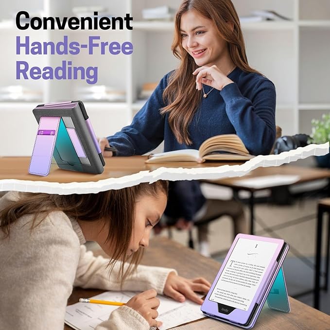 TNP Stand Case for Kindle Paperwhite 12th Generation 2024 / Kindle Colorsoft Signature Edition with Hand Strap & Card Slot - 7" PU Leather Protective Folio Cover with Auto Wake/Sleep, Pink Purple