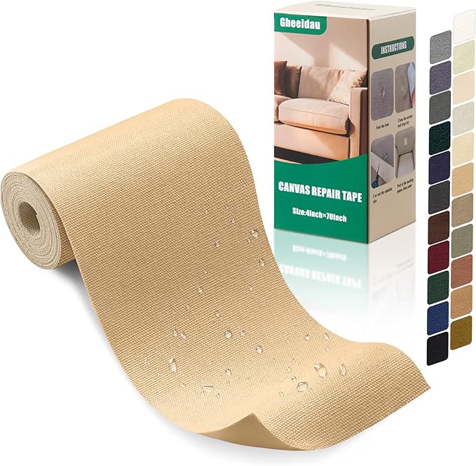 Gheeidau Canvas Repair Tape 4×70 Inch Waterproof Self-Adhesive Fabric Repair Patch for Repairing Boat Covers,Tents,Patio Umbrellas,Car Seats,Luggage,Sofas.(Beige Yellow)