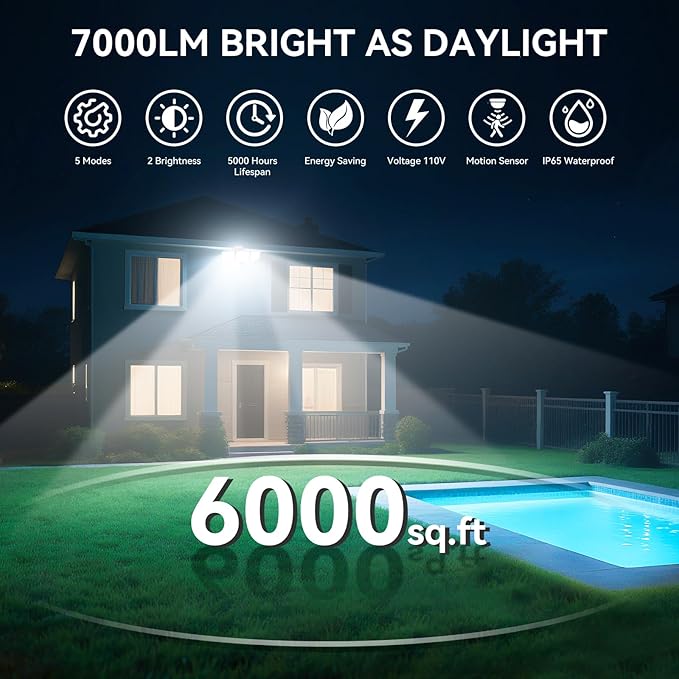 LED Security Lights Motion Sensor Outdoor Lights, 6500K Daylight, IP65 Waterproof, Dusk to Dawn, 3-Head Motion Detected Flood Light for Garage, Yard, Porch, White