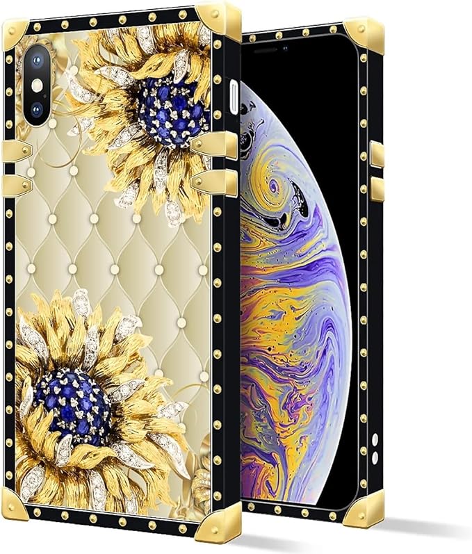 Compatible with iPhone XR Case, Sunflower Diamonds Leather Luxury Golden Decoration for Girl Women Soft TPU Shockproof Protective Hard PC Back for iPhone XR