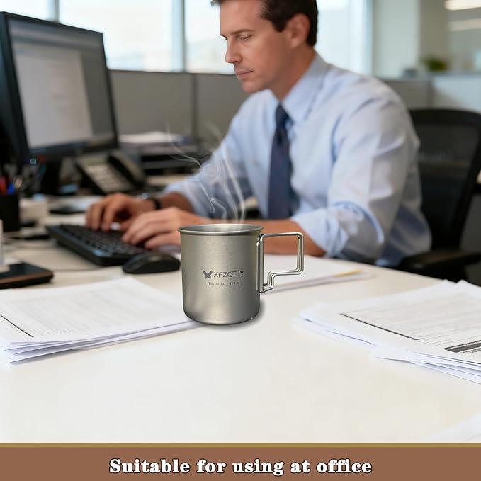 420ml Ultralight Titanium Tea Cup Coffee Mug With Lid Foldable Handle for Backpacking, Hiking Mountaineering