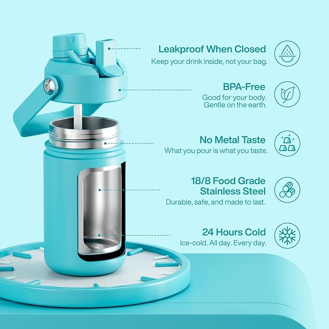 Kids Insulated Water Bottle with Straw - 12oz Stainless Steel Water Bottle with Dual Spouts, Leak-Proof, BPA-Free, Double Wall Vacuum Keeps Cold for 24 Hours for Sports, Travel (Aquamarine Blue)