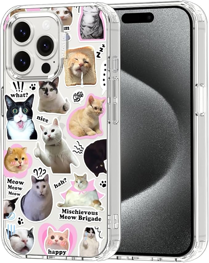 MOSNOVO Case for iPhone 15 Pro Max, [Buffertech 6.6ft Military-Grade Drop Protection] [Anti Peel Off Tech] Clear TPU Bumper Phone Case Cover Design - The Cat Brigade