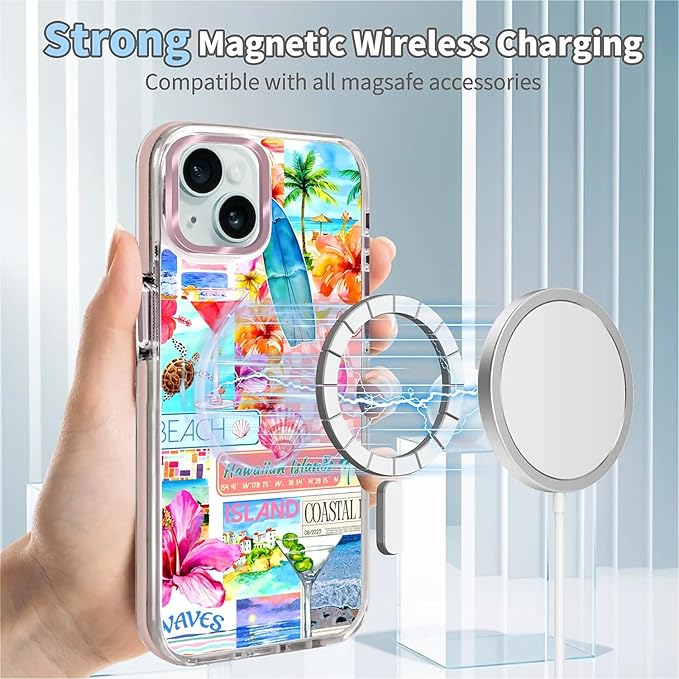 Case for iPhone 14 Plus/15 Plus,[Compatible with MagSafe],Coastal Beach Cover Coquette Collage Phone Case Design，for Women Girls Magnetic Clear Cover - Slim, Sleek, & Shockproof Protection