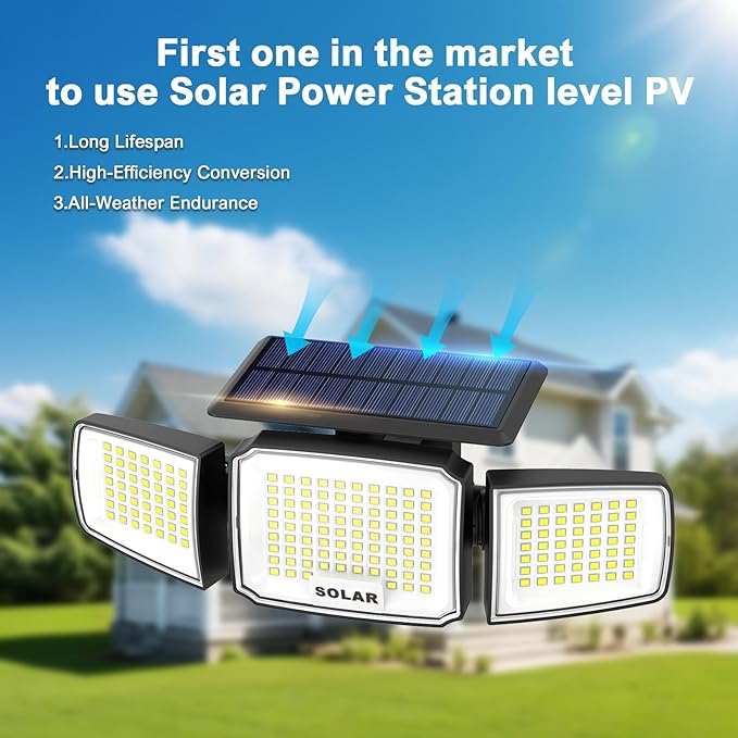 Solar Security Light Outdoor,Solar Flood Light with Active Motion Sensor,3 Heads 270° Wide Angle,Remote Control,IP65 Waterproof, 3 Modes (2 Packs)