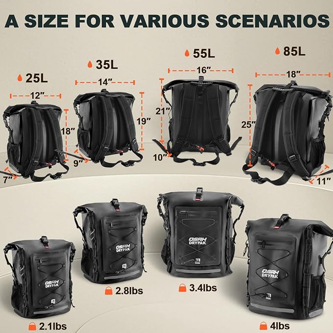 OSAH DRYPAK Waterproof Backpack Dry Bag 25L/35L/55L/85L – Heavy Duty Roll-Top Hiking Backpack Sack Keeps Gear Dry for Travel, Kayaking, Boating, Camping, Rafting and Fishing