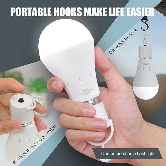 10Pack Rechargeable Emergency Light Bulb, A19 9W Daylight 6000K Self-Charging LED Light Bulb,1200mAh Battery Backup Light Bulbs for Daily,Home Emergency,Outdoor Portable Use