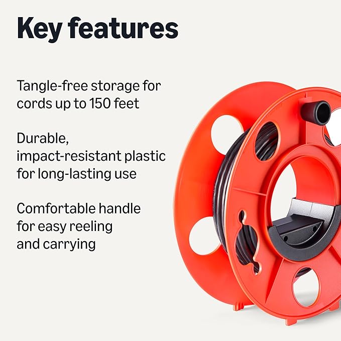 Amazon Basics Extension Cord Reel, 150-foot Capacity for 16/3 SJT Cord, Impact-Resistant, Orange