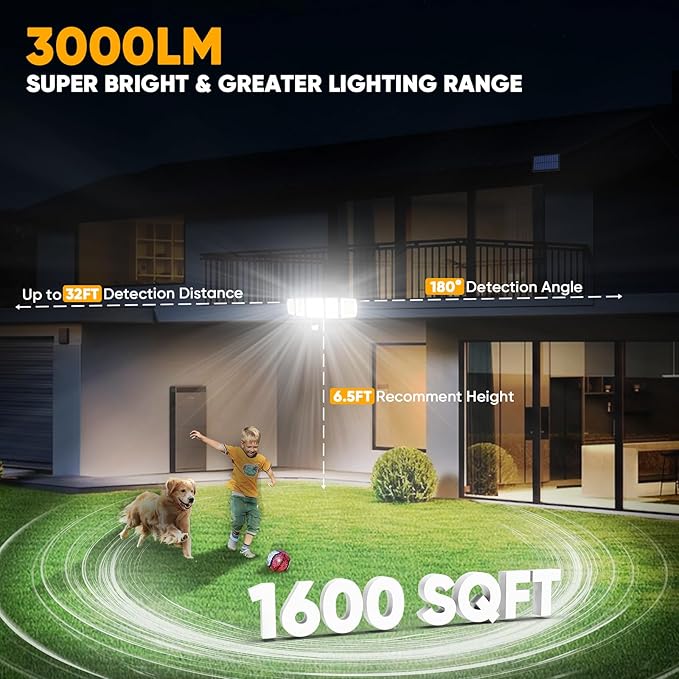 MDCMDCM Solar Motion Lights Outdoor - with 16.4ft Cable, 3000LM LED Security Lights for Outside Dusk to Dawn, 2400mAh IP65 Waterproof Flood Lights with Remote for Court Yard Garage Front Door