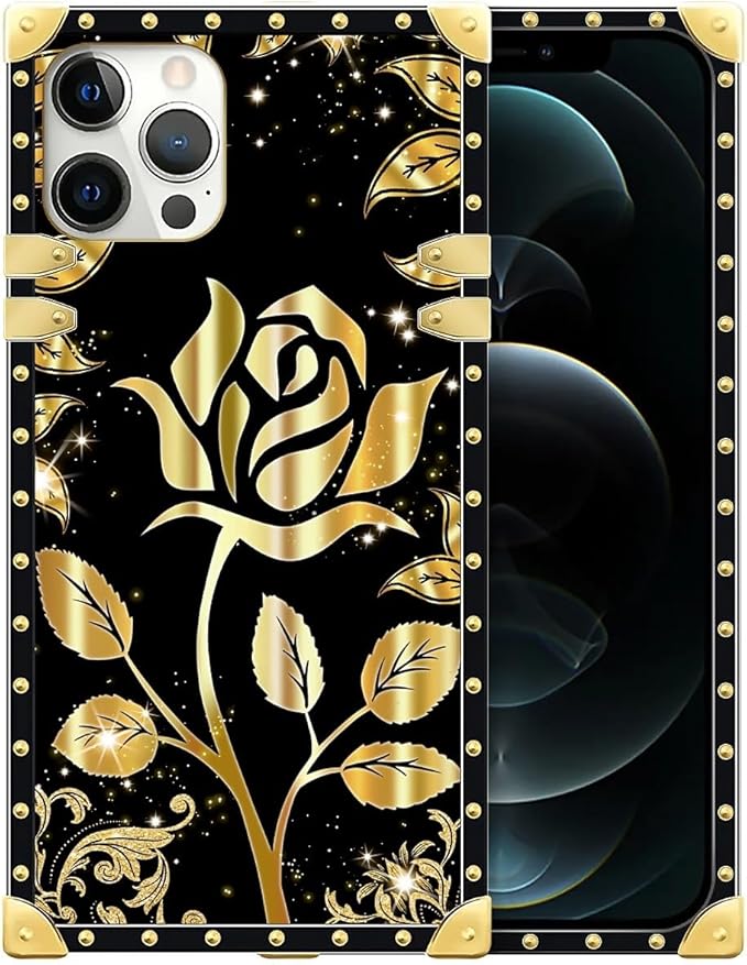 Compatible with iPhone 12 Pro Max Case, Shine Gold Rose Luxury Golden Decoration for Girl Women Soft TPU Shockproof Protective Hard PC Back for iPhone 12 Pro Max