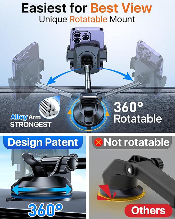YRU True Upgrade for Safety Car Phone Holder Mount Patent & Military-Grade Dashboard Cell Phone Holder for Car Vent Windshield Phone Stand for iPhone 17 16 15 14 13 Pro Max Truck Samsung, Matte Black