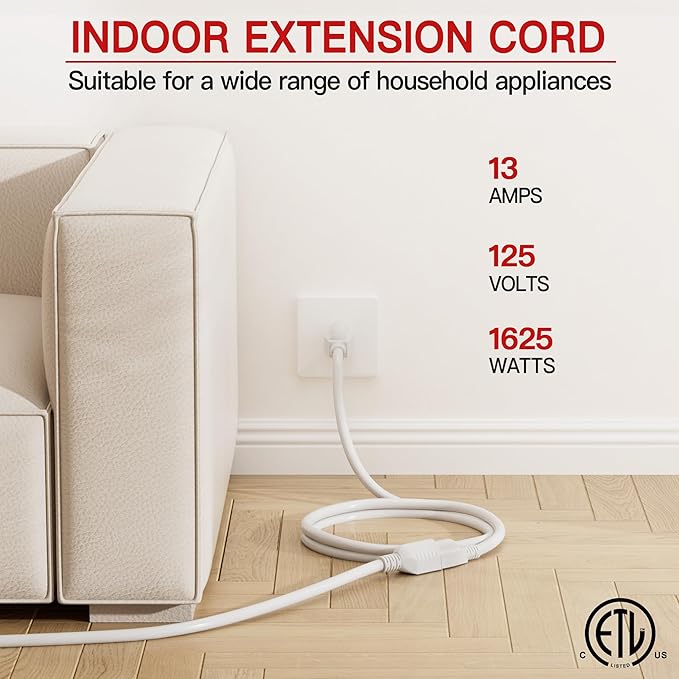 16/3 Indoor Extension Cord 25 FT 2 Pack, White Extension Cord Flexible & Durable, 3 Prong Power Cable, Suitable for Home and Office, 13 Amp 1625 Watt 125VAC 16AWG, ETL Listed