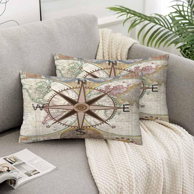 Nautical Compass Throw Pillow Covers 12 X 20 Historical World Map Earth Exploration Vintage Set of 2 Pillow Cases Velvet Outdoor Pillowcases Decorative for Home Bed Sofa Couch Hotel