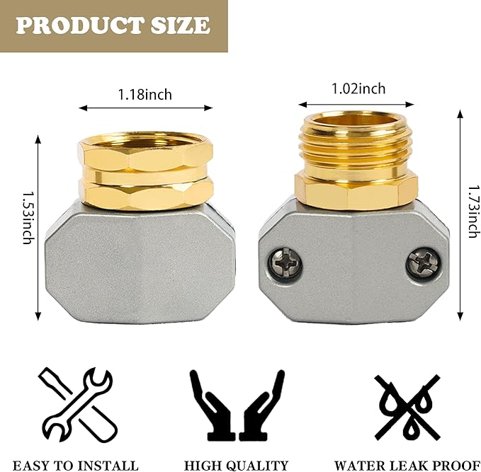Hourleey Garden Hose Repair Kit - Aluminum Alloy End Mender, Male & Female Fittings, Fit 5/8" & 3/4" Hose, 2 Extra Washers