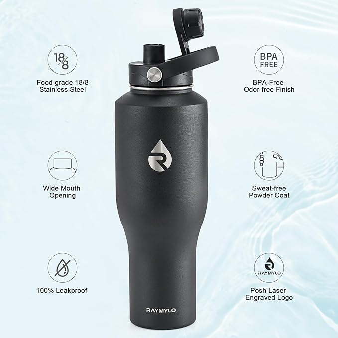 RAYMYLO 40 oz Insulated Water Bottle with Straw fit in Car Cup Holder, Triple Wall Vacuum Stainless Steel(Cold 48 hrs, Hot 24 hrs), Leakproof & Non-BPA, Hydro Travel Flask with Straw and Spout Lid