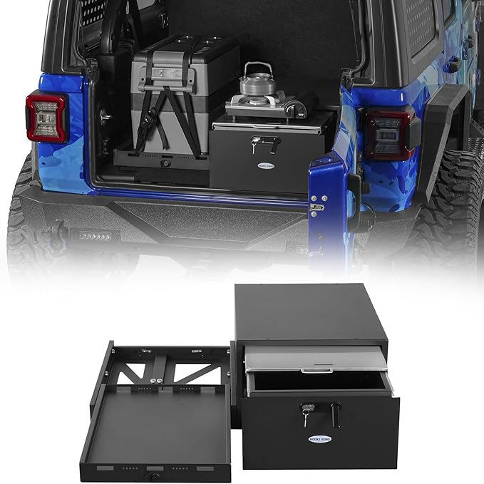 Hooke Road JK/JL/Bronco Trunk Sliding Drawer System & Fridge Slide Mount for 2007-2026 Jeep Wrangler JKU JLU 4-Door & 2021-2026 Ford Bronco 4-Door, Storage Lock Box for Overland Camping Gear