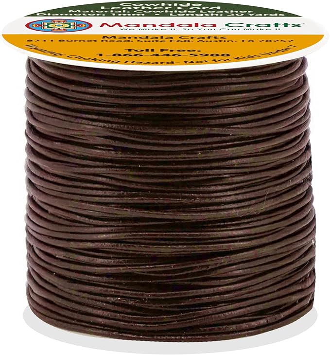 Mandala Crafts Round Cowhide Genuine Brown Leather Cord for Jewelry Making Kumihimo Leather Rope Spool - Brown String Lace - 20 Yds 1mm Cording