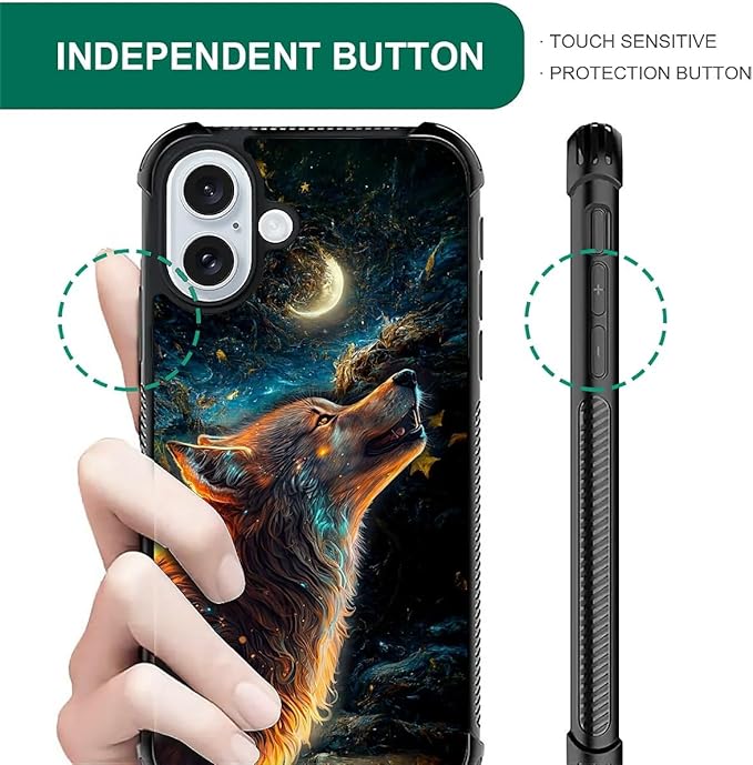 for iPhone 16 Plus Case, Star Cave Hungry Wolf Pattern Graphic Design Girl Boy Soft Silicone Hard Acrylic Shock Protection for iPhone 16 Plus