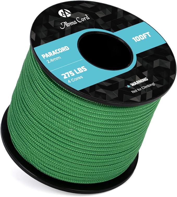 Abma Cord 2.4mm Paracord 275 100ft Nylon Rope 4 Strands Tactical Parachute Cord - Max. 275lbs - Jade Green