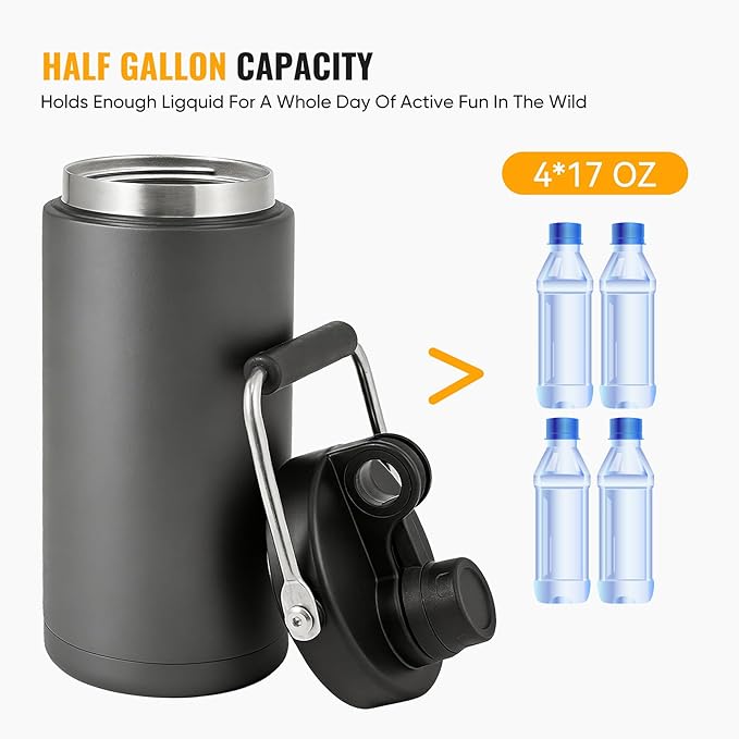 Kerilyn Insulated Half Gallon Jug with Handle, 64oz Stainless Steel, Large Double Vacuum Water Bottle for Hot & Cold Drinks, Wide Mouth, Sweat Proof, Great for Travel, Camping, Grey