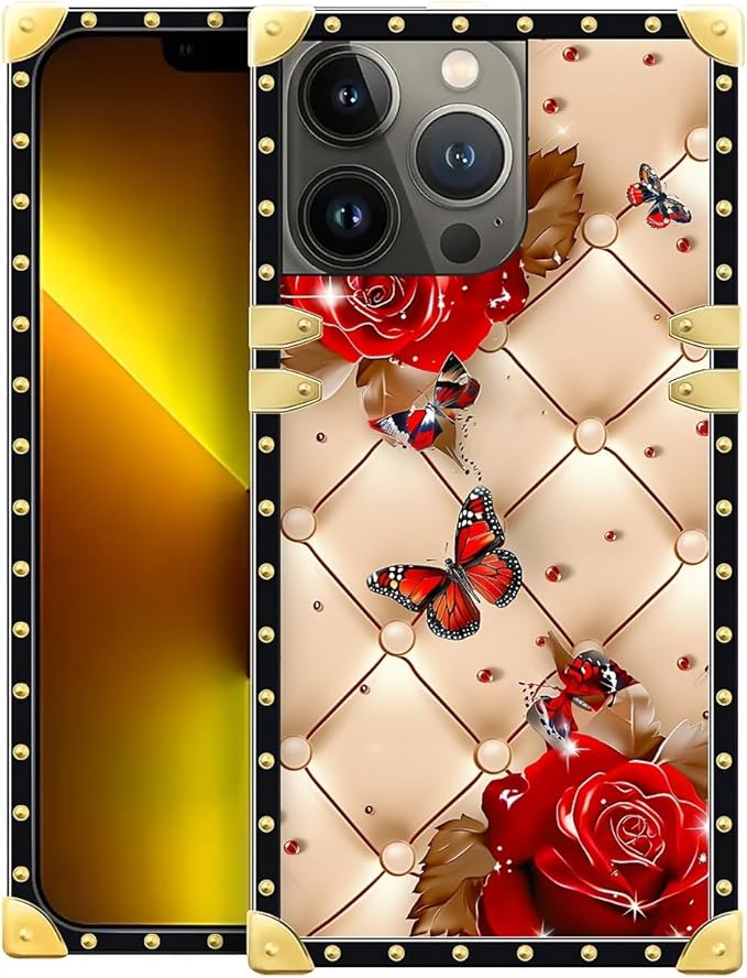 Compatible with iPhone 13 Pro Max Case, Shining Red Rose Butterfly Leather Background Luxury Golden Decoration for Girl Women Soft TPU Shockproof Protective Hard PC Back