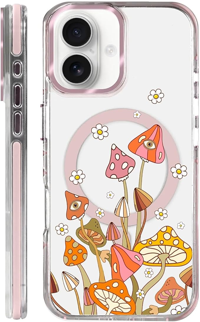 Case for iPhone 16,[Compatible with MagSafe],Retro Mushroom Sunflower Phone Case Design，for Women Girls Magnetic Clear Cover - Slim, Sleek, & Shockproof Protection