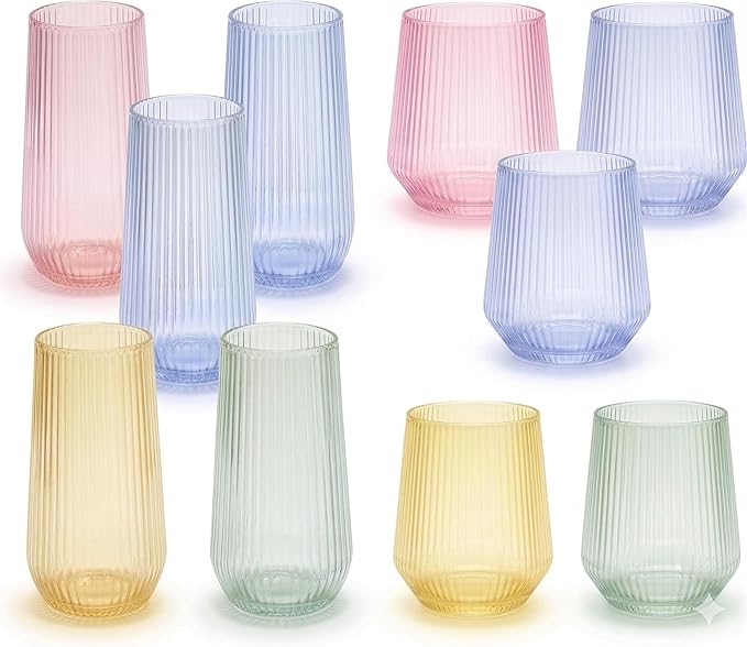 Oojami 48 Pack Ribbed Origami Ripple Plastic Glasses, 24 Stemless 9oz Champagne Flutes & 24 12oz Wine Cups – BPA-Free Disposable Shatterproof Drinkware for Weddings, Parties, Bars & Events (Clear)