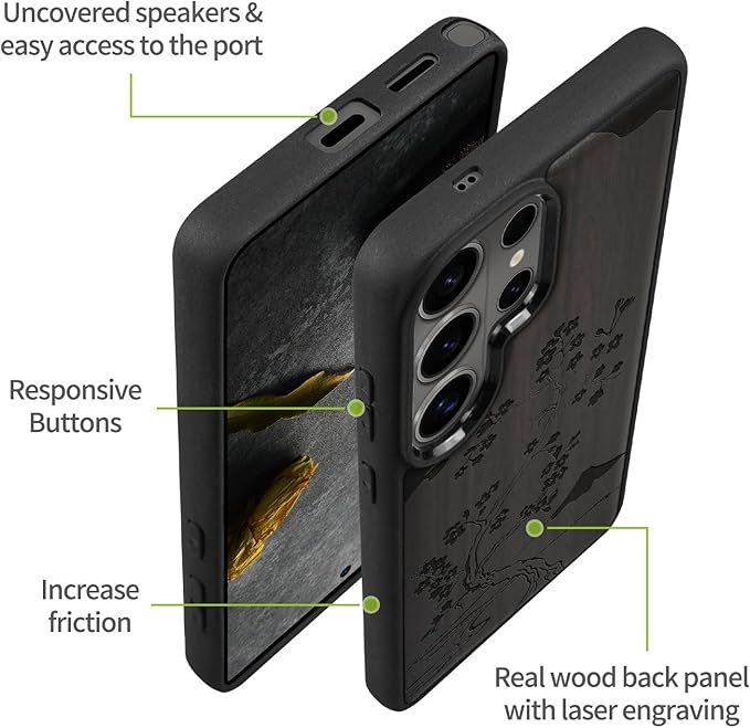 Carveit Magnetic Wooden Case for Samsung Galaxy S26 Ultra Case 2026, TPU Shockproof Cover & Wood Artisan Engraved, Compatible with MagSafe Wireless Chargers (Cherry Blossom with Mount Fuji) Blackwood