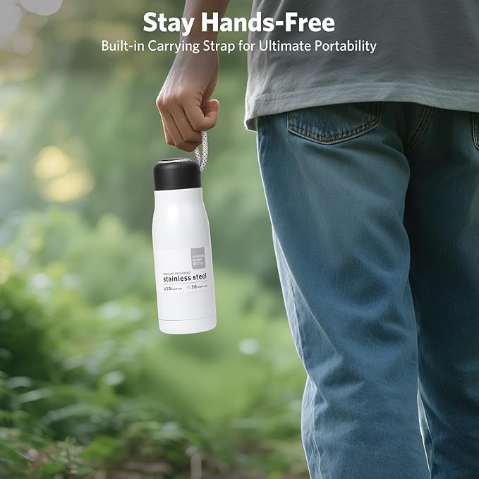 Small Water Bottle 12 oz, Dusgut Insulated Water Bottle, Stainless Steel, Wide Mouth Portable Lid, Ice White