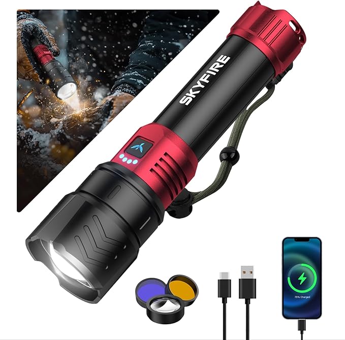 SKYFIRE Bright Flashlight with Ignition Lens&Yellow/Blue Light,3000lm Super Bright Rechargeable Flashlights High Lumens,Zoomable,Waterproof Tactical Flashlight for Camping,Outdoor &Gifts