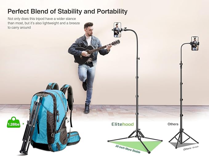 elitehood 6.8 Feet Tall Phone Stand Tripod, Aluminum iPhone Tripod [Lightweight & Ultra Stable], Adjustable Phone Recording Stand Compatible with iPhone 15 Pro Max/15 Pro/14 13, Android Cell Phone