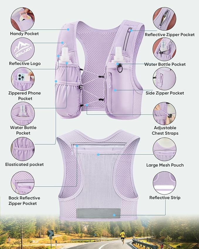 Zelvot Running Vest for Women Men, USA Original Patent, Adjustable Chest Straps Running Hydration Vest with 500ml Soft Flask, Lightweight Reflective Hydration Backpack for Marathon