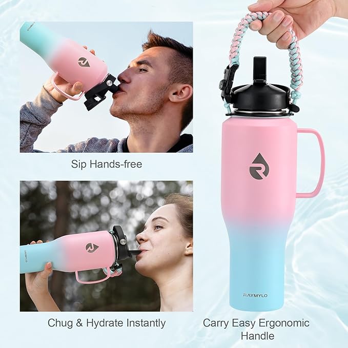 RAYMYLO Insulated Water Bottle 40oz (Cold for 48 Hrs), Stainless Steel Water Bottle with Handle & Straw Lid & Paracord Handle, Triple Wall Vacuum Leakproof Travel Flask, Fit in Any Car Cup Holder