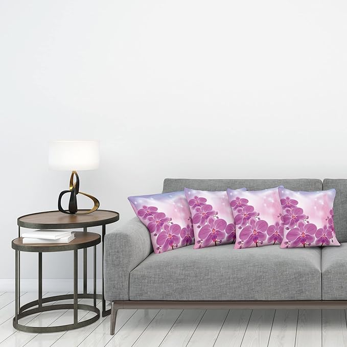 Ambesonne Floral Throw Pillow Cushion Case Pack of 4, Exotic Orchid Flowers Flourishing on Abstract Background Circles Stars, Modern Accent Double-Sided Digital Printing, 24", Pink Purple