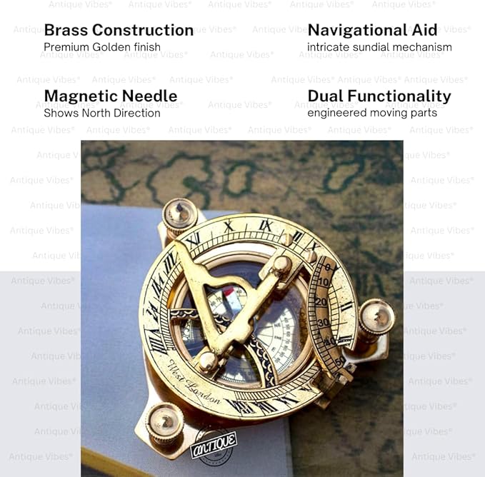Vintage Brass Sundial Compass, Antique Style Maritime Navigation Instrument, Collectible Watch, 3 inch, Unique Gift for Men, Women