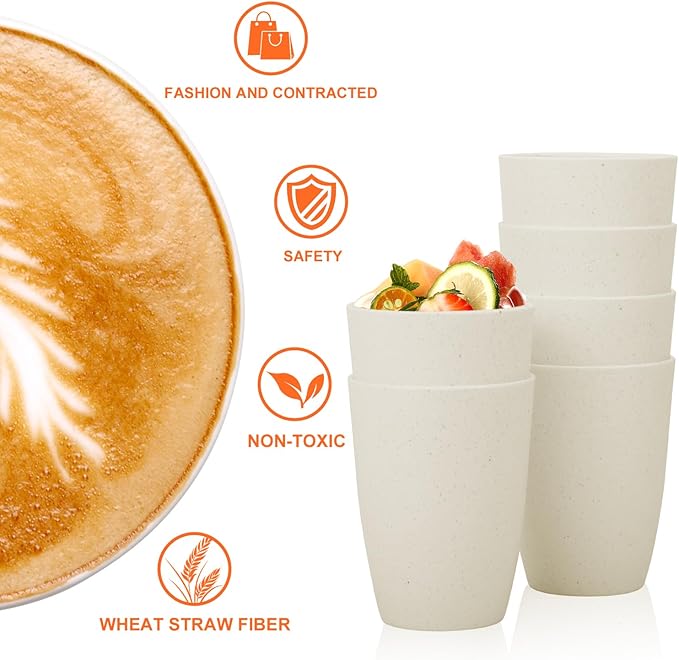 Homienly Wheat Straw Cups 12oz Unbreakable & Easy to Clean Cups Reusable Outdoor Drinking Cups for Travel,Camping,Picnic, Refrigerator and Dishwasher Safe Stackable Water Tumblers- White