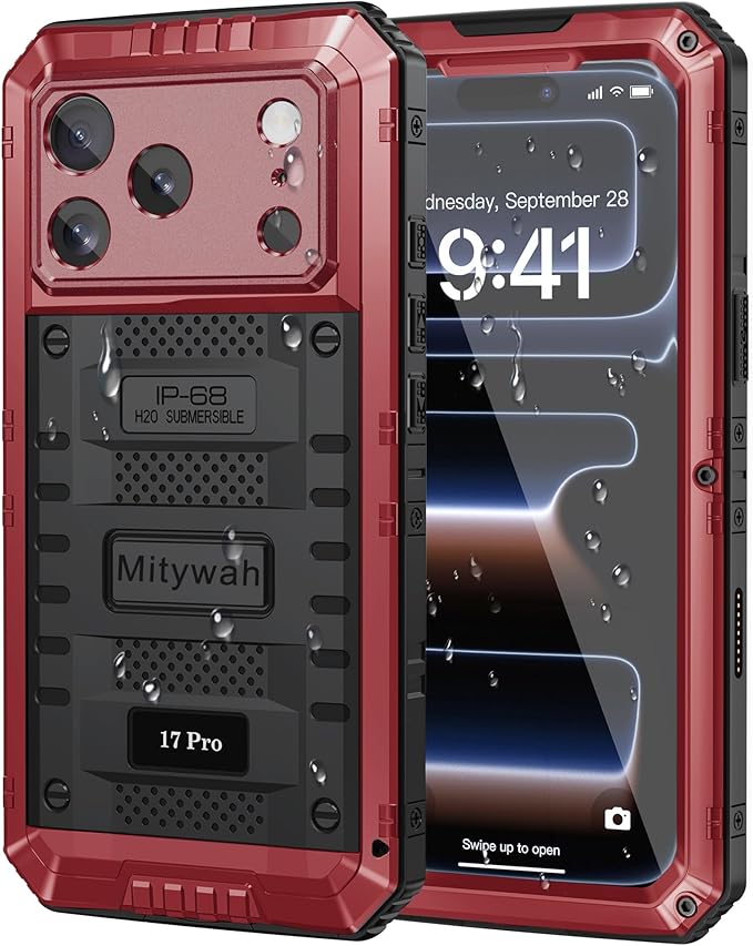 Mitywah Waterproof Case for iPhone 17 Pro, Rugged Metal Case with Built-in Screen Protector, Heavy Duty Full Body Shockproof Protective Cover 6.3 inch, Red