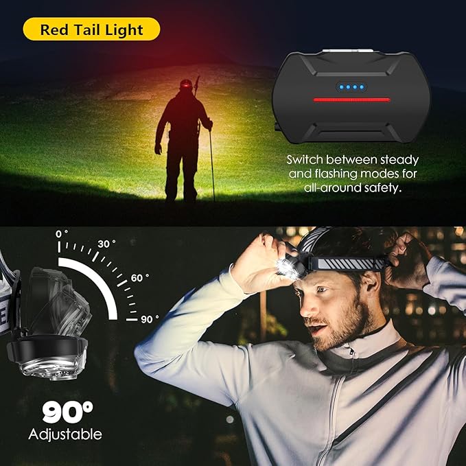 MIOISY Rechargeable Headlamp, High Lumen 5 LED Head Lamp with Red White Light,IPX4 Waterproof Headlight,8 Mode Head Flashlight for Outdoor Running Hunting Fishing Hiking Camping Gear-2Pack