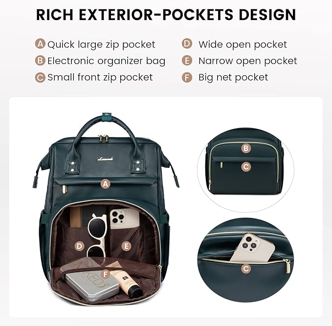 LOVEVOOK Leather Laptop Backpack for Women 18 inch,Travel Backpack Purse Nurse Teacher Backpack Computer Laptop Bag,Professional College Business Work Bag Carry On Backpack with USB Port,Dark Green