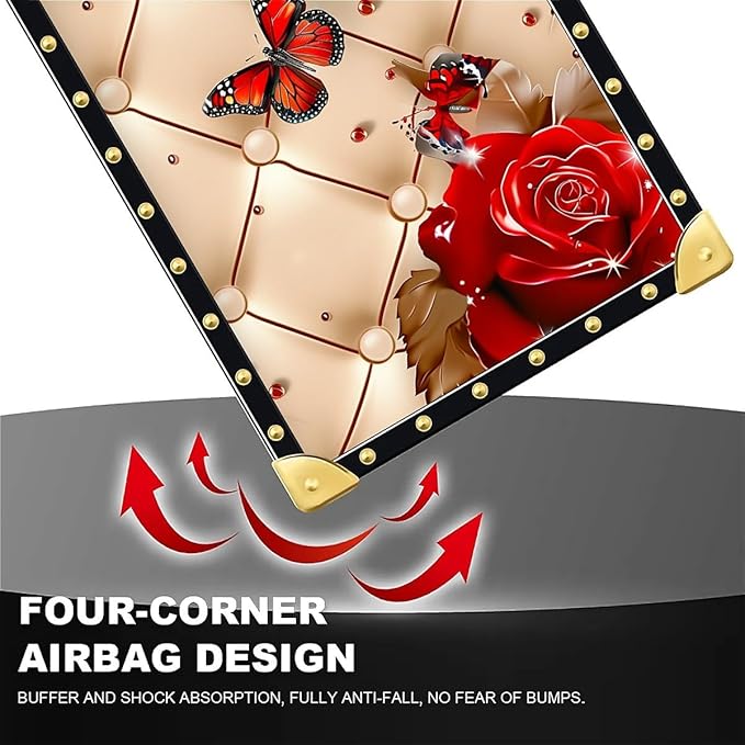 Compatible with iPhone 16 Pro Max Case, Shining Red Rose Butterfly Leather Background Luxury Golden Decoration for Girl Women Soft TPU Shockproof Protective Hard PC Back