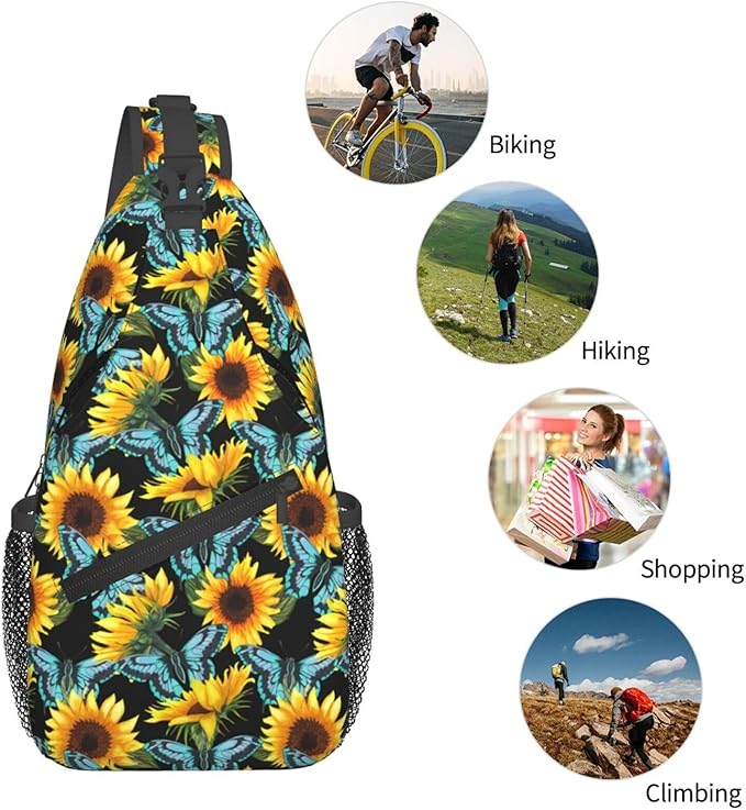 Sunflower And Blue Butterfly Sling Bag For Women Men Fashion Print Backpack Crossbody Shoulder Bag Sling Backpack Chest Bag Travel Hiking Casual Sport Daypack