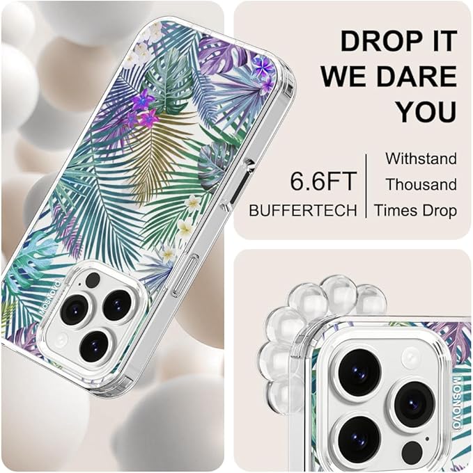 MOSNOVO Case for iPhone 16 Pro, [Buffertech 6.6ft Military-Grade Drop Protection] [Anti Peel Off Tech] Clear TPU Bumper Phone Case Cover Design - Tropical Rainforests