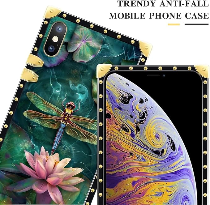 Compatible with iPhone Xs Max Case, Colourful Dragonfly Pink Lily Pads Luxury Golden Decoration for Girl Women Soft TPU Shockproof Protective Hard PC Back for iPhone Xs Max
