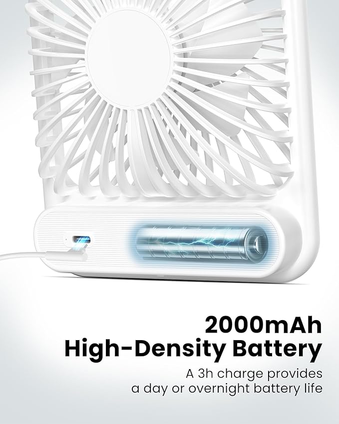 Koonie Desk Fan, Ultra Quiet 2.5-11h Battery Operated Small USB Fan with Strong Wind, 180° Tilt Folding and 3 Speeds Adjustable, Battery Powered Mini Personal Fan for Office Bedroom Desktop White