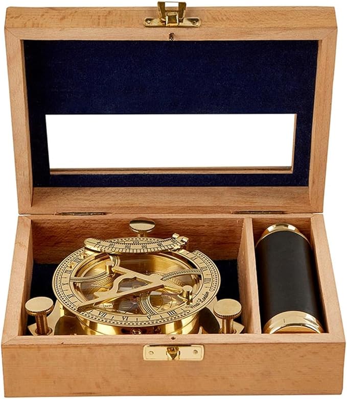 Explorer's Legacy Vintage Brass Compass and Telescope Set - Handheld Navigation Tool in Beachwood and Glass Storage Box